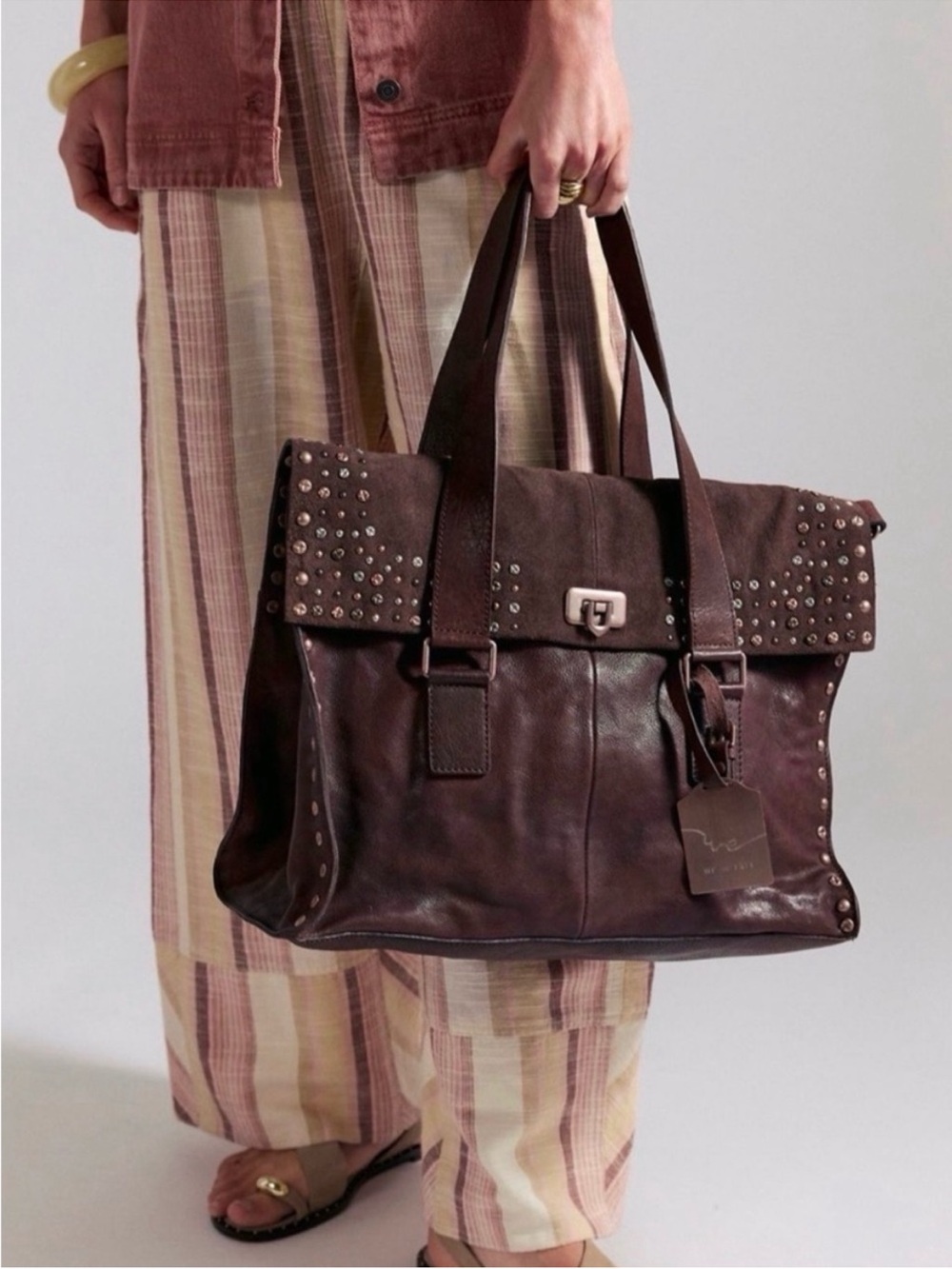 Free People Leather Stud-Trim Tote Bag in Deep Brown